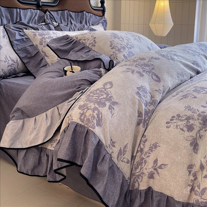 91家纺网 家纺一手货源 找家纺 丝芙妮家居（原乐视家纺） 2025新款A类原麻复合印花花边四件套 梦幻花园