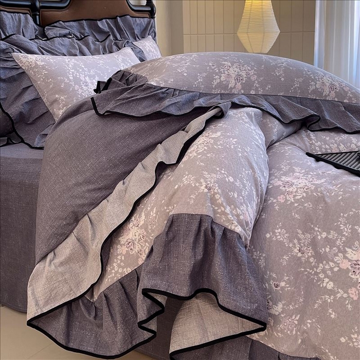 91家纺网 家纺一手货源 找家纺 丝芙妮家居（原乐视家纺） 2025新款A类原麻复合印花花边四件套 花屿梦