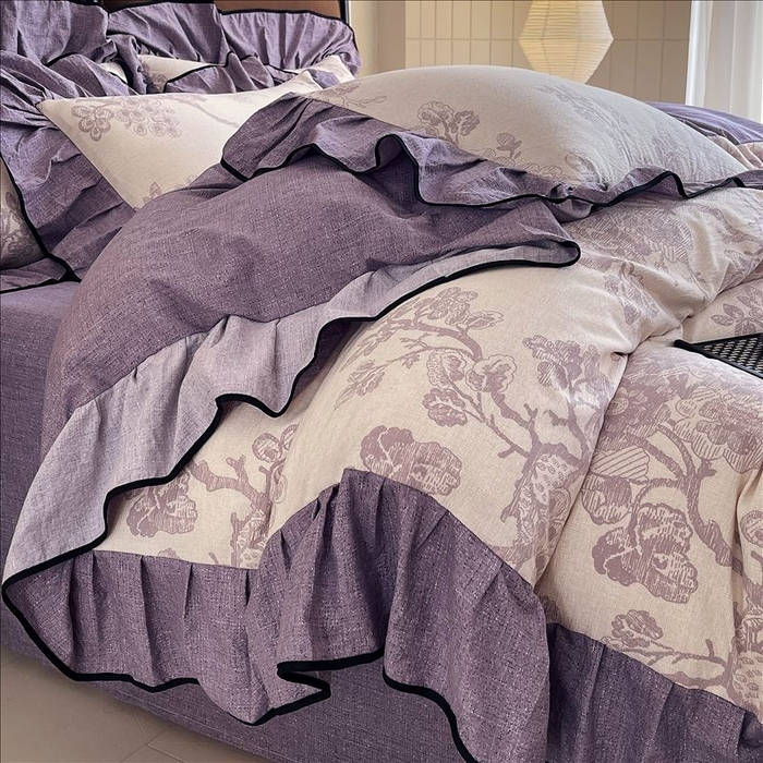 91家纺网 家纺一手货源 找家纺 丝芙妮家居（原乐视家纺） 2025新款A类原麻复合印花花边四件套 月下繁花