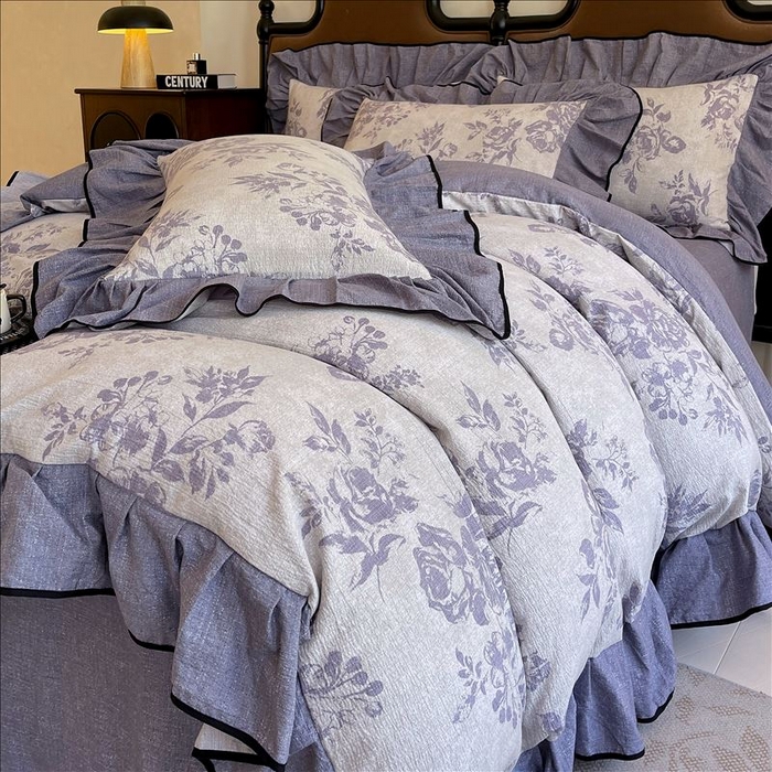 91家纺网 家纺一手货源 找家纺 丝芙妮家居（原乐视家纺） 2025新款A类原麻复合印花花边四件套 梦幻花园