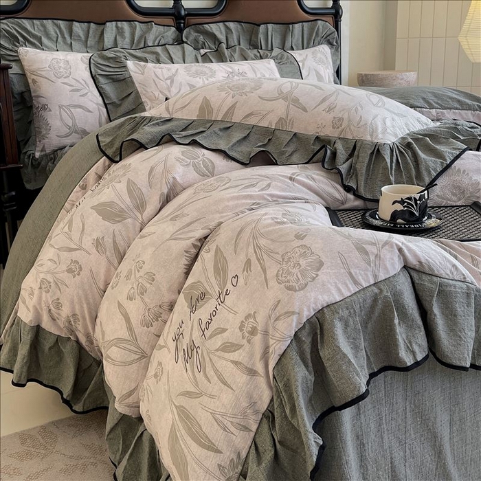 91家纺网 家纺一手货源 找家纺 丝芙妮家居（原乐视家纺） 2025新款A类原麻复合印花花边四件套 叶新泽