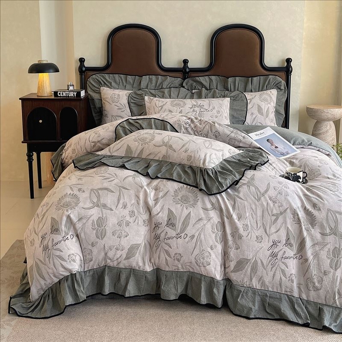 91家纺网 家纺一手货源 找家纺 丝芙妮家居（原乐视家纺） 2025新款A类原麻复合印花花边四件套 叶新泽