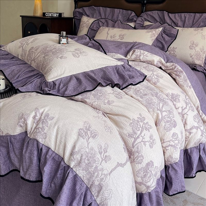 91家纺网 家纺一手货源 找家纺 丝芙妮家居（原乐视家纺） 2025新款A类原麻复合印花花边四件套 月下繁花