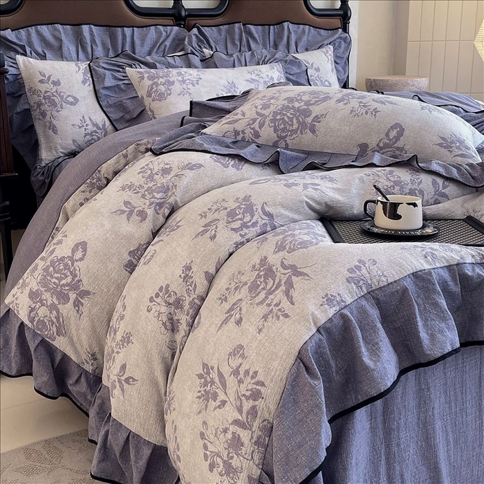 91家纺网 家纺一手货源 找家纺 丝芙妮家居（原乐视家纺） 2025新款A类原麻复合印花花边四件套 梦幻花园