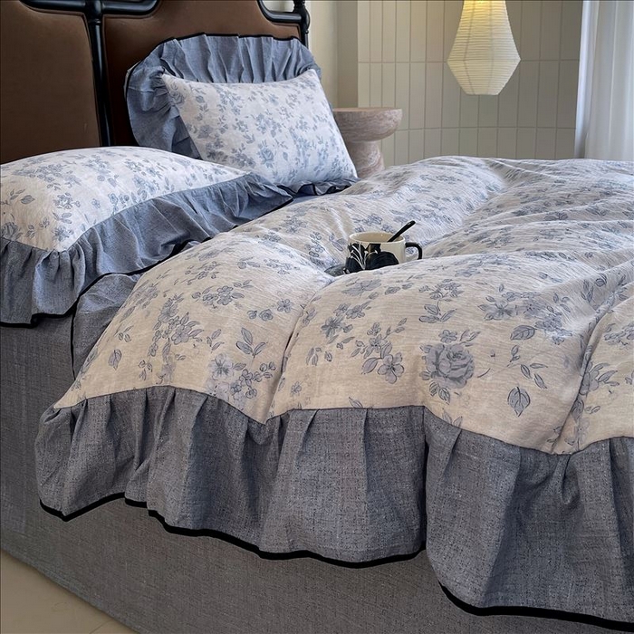 91家纺网 家纺一手货源 找家纺 丝芙妮家居（原乐视家纺） 2025新款A类原麻复合印花花边四件套 庄生晓梦