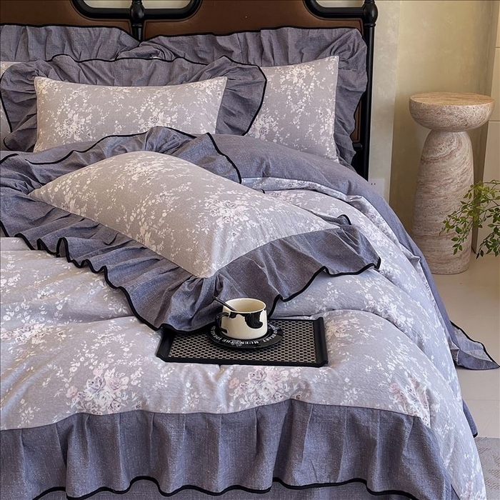 91家纺网 家纺一手货源 找家纺 丝芙妮家居（原乐视家纺） 2025新款A类原麻复合印花花边四件套 花屿梦