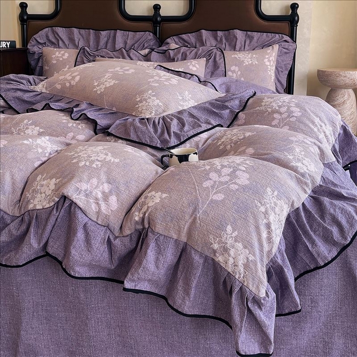 91家纺网 家纺一手货源 找家纺 丝芙妮家居（原乐视家纺） 2025新款A类原麻复合印花花边四件套 花畔呢喃