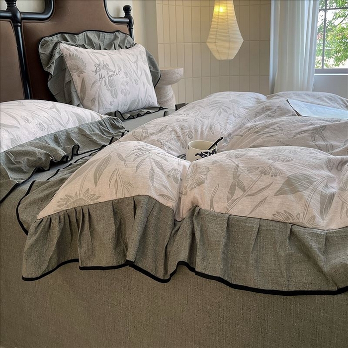 91家纺网 家纺一手货源 找家纺 丝芙妮家居（原乐视家纺） 2025新款A类原麻复合印花花边四件套 叶新泽