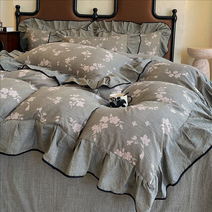 91家纺网 家纺一手货源 找家纺 丝芙妮家居（原乐视家纺） 2025新款A类原麻复合印花花边四件套 清水欢