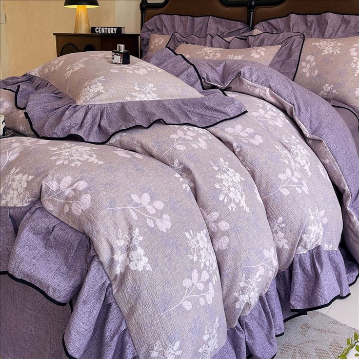 91家纺网 家纺一手货源 找家纺 丝芙妮家居（原乐视家纺） 2025新款A类原麻复合印花花边四件套 花畔呢喃