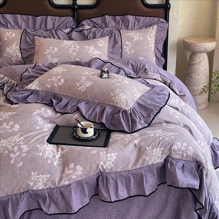 91家纺网 家纺一手货源 找家纺 丝芙妮家居（原乐视家纺） 2025新款A类原麻复合印花花边四件套 花畔呢喃