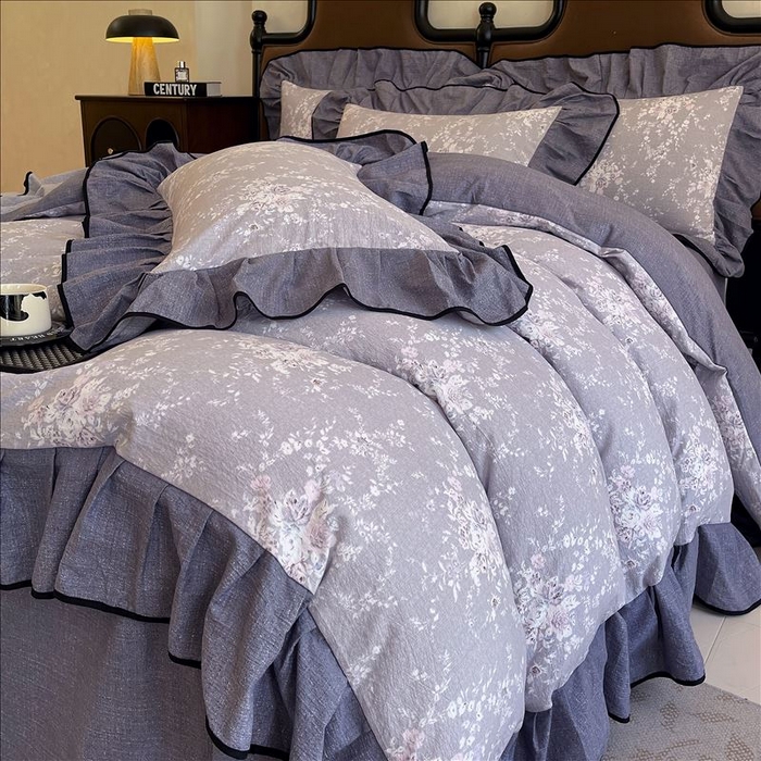 91家纺网 家纺一手货源 找家纺 丝芙妮家居（原乐视家纺） 2025新款A类原麻复合印花花边四件套 花屿梦