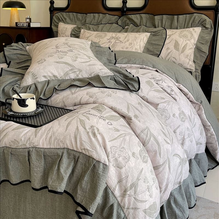 91家纺网 家纺一手货源 找家纺 丝芙妮家居（原乐视家纺） 2025新款A类原麻复合印花花边四件套 叶新泽