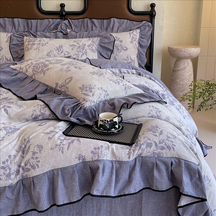 91家纺网 家纺一手货源 找家纺 丝芙妮家居（原乐视家纺） 2025新款A类原麻复合印花花边四件套 梦幻花园