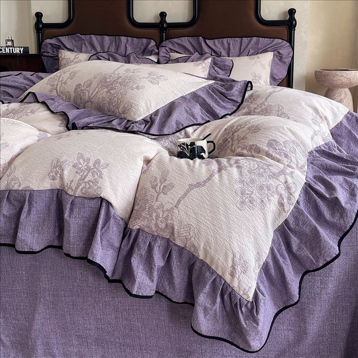 91家纺网 家纺一手货源 找家纺 丝芙妮家居（原乐视家纺） 2025新款A类原麻复合印花花边四件套 月下繁花