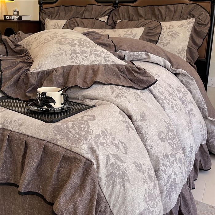 91家纺网 家纺一手货源 找家纺 丝芙妮家居（原乐视家纺） 2025新款A类原麻复合印花花边四件套 森蔓