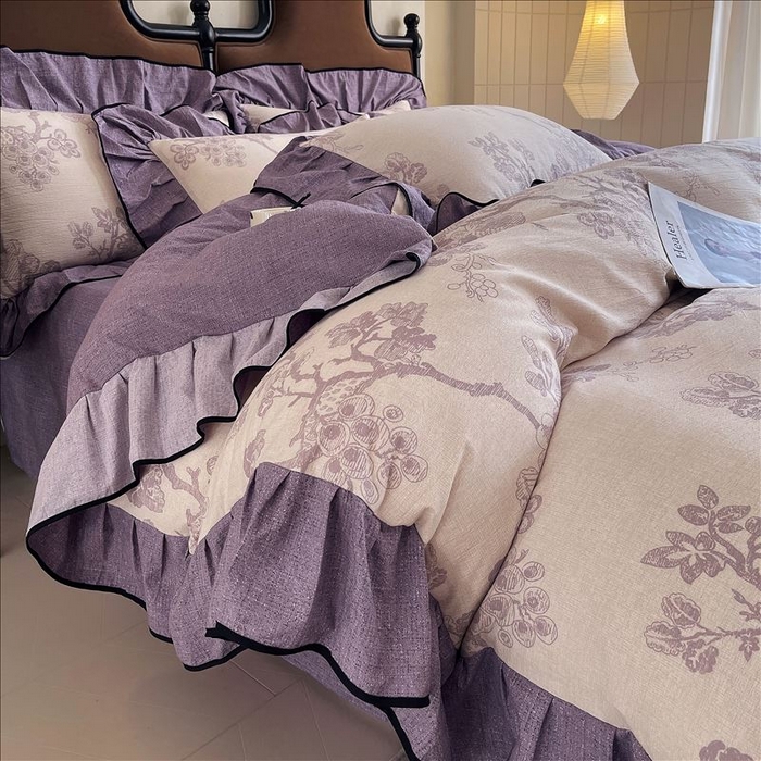 91家纺网 家纺一手货源 找家纺 丝芙妮家居（原乐视家纺） 2025新款A类原麻复合印花花边四件套 月下繁花