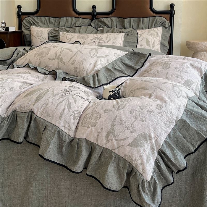 91家纺网 家纺一手货源 找家纺 丝芙妮家居（原乐视家纺） 2025新款A类原麻复合印花花边四件套 叶新泽