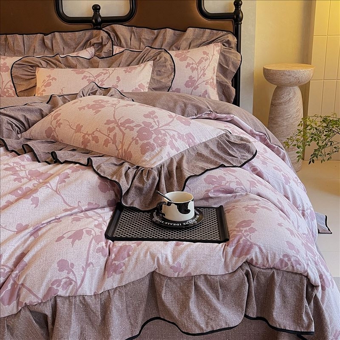 91家纺网 家纺一手货源 找家纺 丝芙妮家居（原乐视家纺） 2025新款A类原麻复合印花花边四件套 云栖