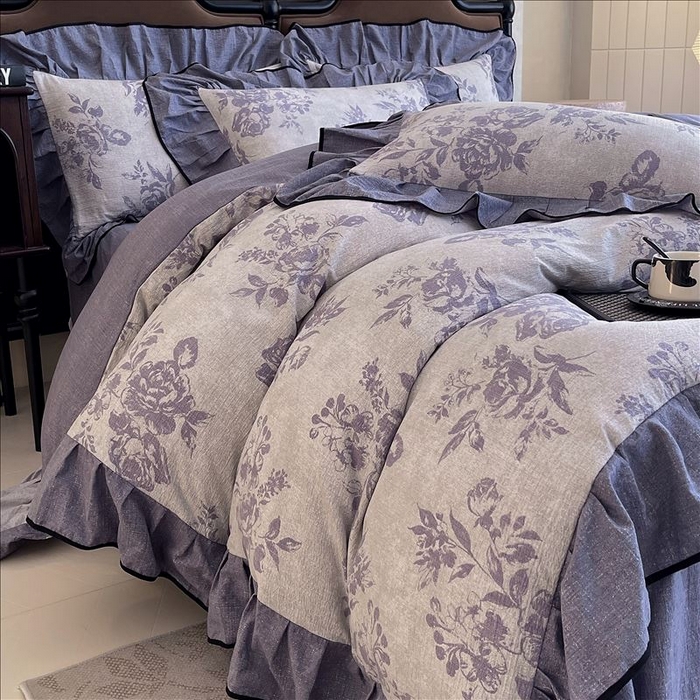 91家纺网 家纺一手货源 找家纺 丝芙妮家居（原乐视家纺） 2025新款A类原麻复合印花花边四件套 梦幻花园