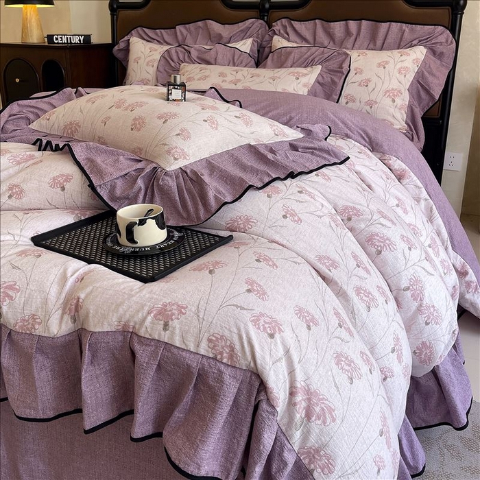 91家纺网 家纺一手货源 找家纺 丝芙妮家居（原乐视家纺） 2025新款A类原麻复合印花花边四件套 春意漫漫