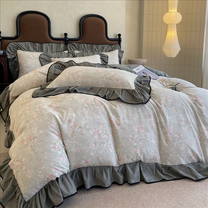 91家纺网 家纺一手货源 找家纺 丝芙妮家居（原乐视家纺） 2025新款A类原麻复合印花花边四件套 岁月留声