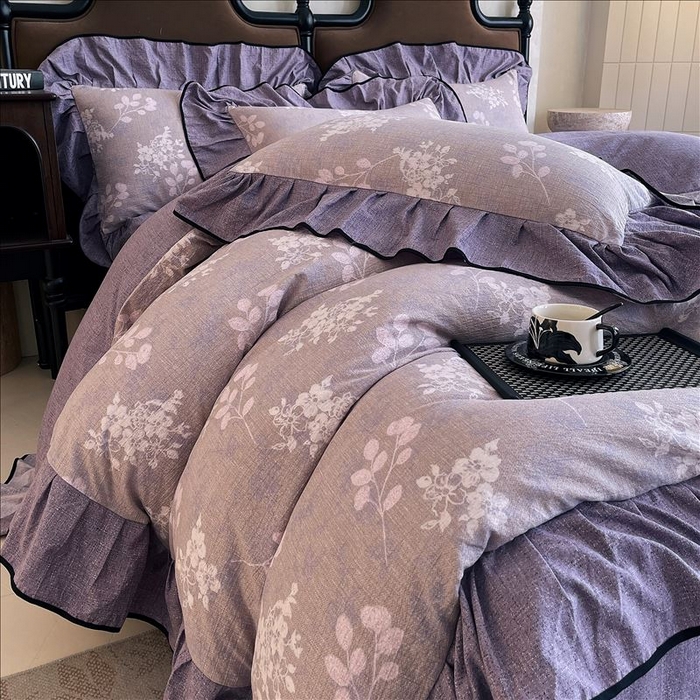 91家纺网 家纺一手货源 找家纺 丝芙妮家居（原乐视家纺） 2025新款A类原麻复合印花花边四件套 花畔呢喃