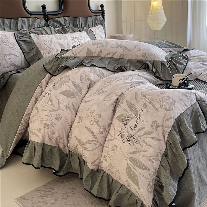 91家纺网 家纺一手货源 找家纺 丝芙妮家居（原乐视家纺） 2025新款A类原麻复合印花花边四件套 叶新泽