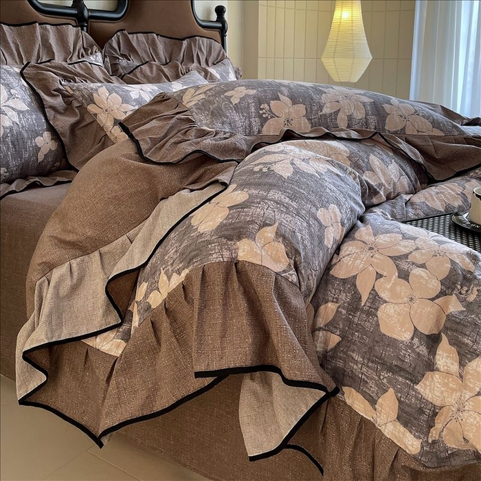 91家纺网 家纺一手货源 找家纺 丝芙妮家居（原乐视家纺） 2025新款A类原麻复合印花花边四件套 漫步花庭