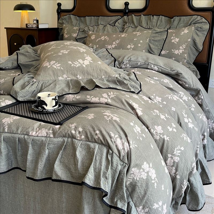 91家纺网 家纺一手货源 找家纺 丝芙妮家居（原乐视家纺） 2025新款A类原麻复合印花花边四件套 清水欢