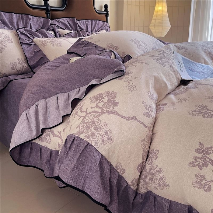 91家纺网 家纺一手货源 找家纺 丝芙妮家居（原乐视家纺） 2025新款A类原麻复合印花花边四件套 月下繁花