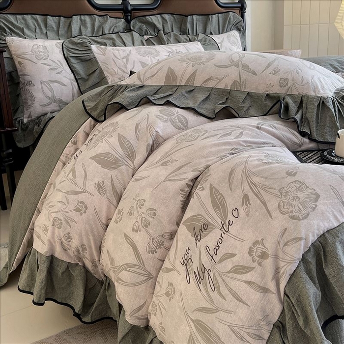 91家纺网 家纺一手货源 找家纺 丝芙妮家居（原乐视家纺） 2025新款A类原麻复合印花花边四件套 叶新泽