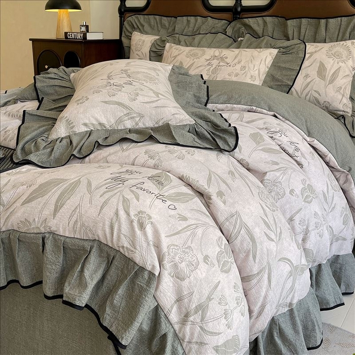 91家纺网 家纺一手货源 找家纺 丝芙妮家居（原乐视家纺） 2025新款A类原麻复合印花花边四件套 叶新泽