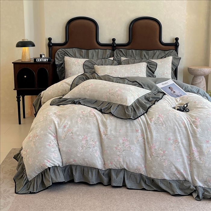 91家纺网 家纺一手货源 找家纺 丝芙妮家居（原乐视家纺） 2025新款A类原麻复合印花花边四件套 岁月留声