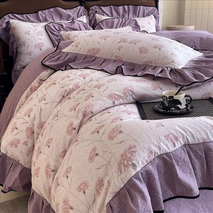 91家纺网 家纺一手货源 找家纺 丝芙妮家居（原乐视家纺） 2025新款A类原麻复合印花花边四件套 春意漫漫