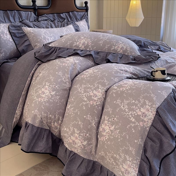 91家纺网 家纺一手货源 找家纺 丝芙妮家居（原乐视家纺） 2025新款A类原麻复合印花花边四件套 花屿梦