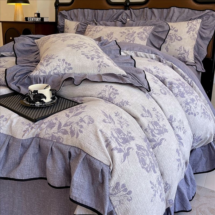 91家纺网 家纺一手货源 找家纺 丝芙妮家居（原乐视家纺） 2025新款A类原麻复合印花花边四件套 梦幻花园