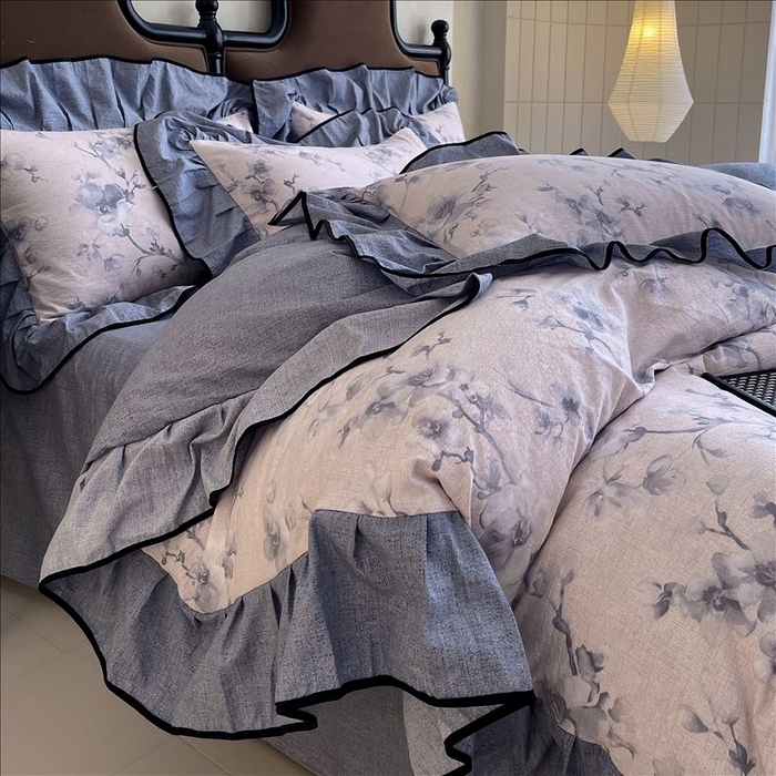 91家纺网 家纺一手货源 找家纺 丝芙妮家居（原乐视家纺） 2025新款A类原麻复合印花花边四件套 暗香疏影