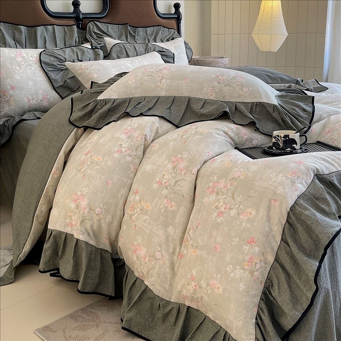 91家纺网 家纺一手货源 找家纺 丝芙妮家居（原乐视家纺） 2025新款A类原麻复合印花花边四件套 岁月留声