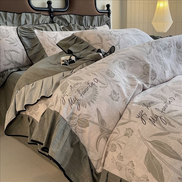 91家纺网 家纺一手货源 找家纺 丝芙妮家居（原乐视家纺） 2025新款A类原麻复合印花花边四件套 叶新泽