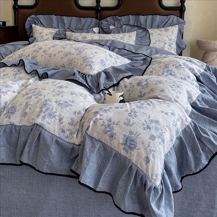 91家纺网 家纺一手货源 找家纺 丝芙妮家居（原乐视家纺） 2025新款A类原麻复合印花花边四件套 庄生晓梦