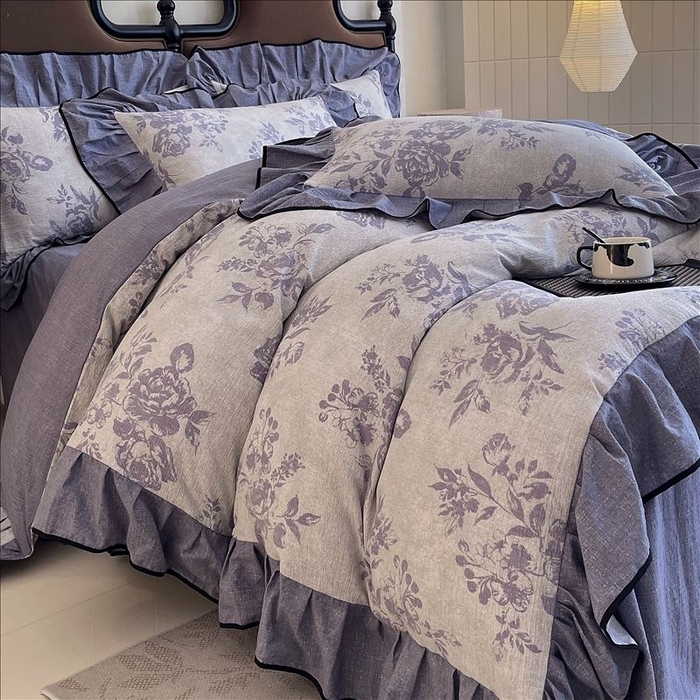 91家纺网 家纺一手货源 找家纺 丝芙妮家居（原乐视家纺） 2025新款A类原麻复合印花花边四件套 梦幻花园