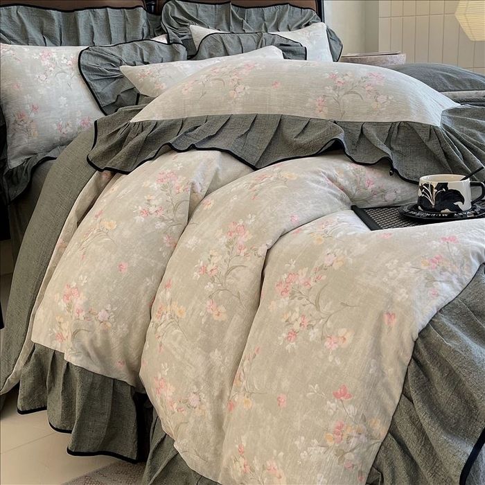 91家纺网 家纺一手货源 找家纺 丝芙妮家居（原乐视家纺） 2025新款A类原麻复合印花花边四件套 岁月留声