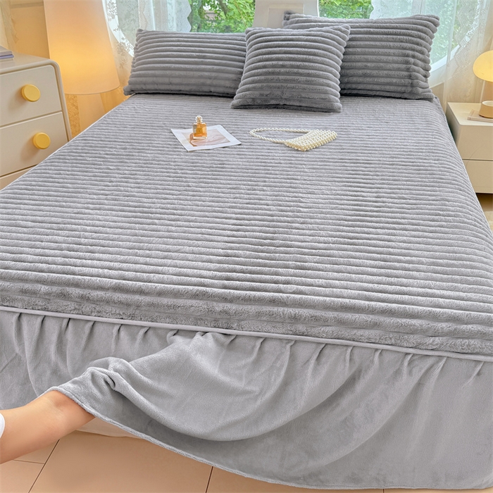 梦舒羽 2025新款兔毛绒床裙法兰绒床垫保护罩牛奶绒床垫法莱绒床单罩-抽条 兔毛绒抽条-烟雨灰