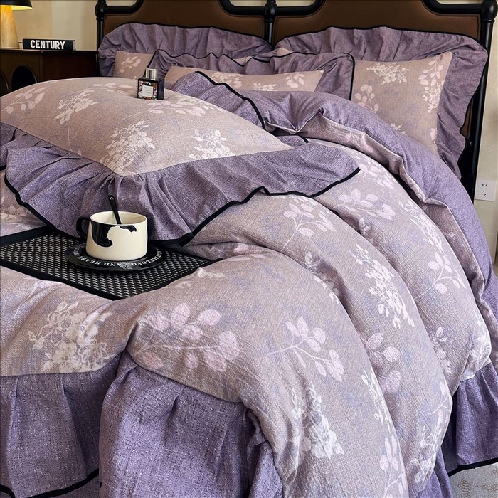 91家纺网 家纺一手货源 找家纺 丝芙妮家居（原乐视家纺） 2025新款A类原麻复合印花花边四件套 花畔呢喃