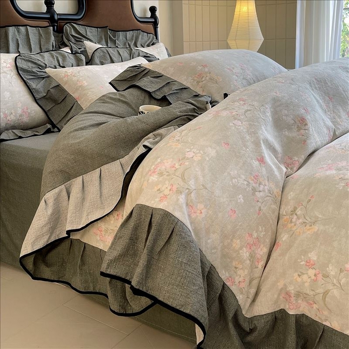 91家纺网 家纺一手货源 找家纺 丝芙妮家居（原乐视家纺） 2025新款A类原麻复合印花花边四件套 岁月留声