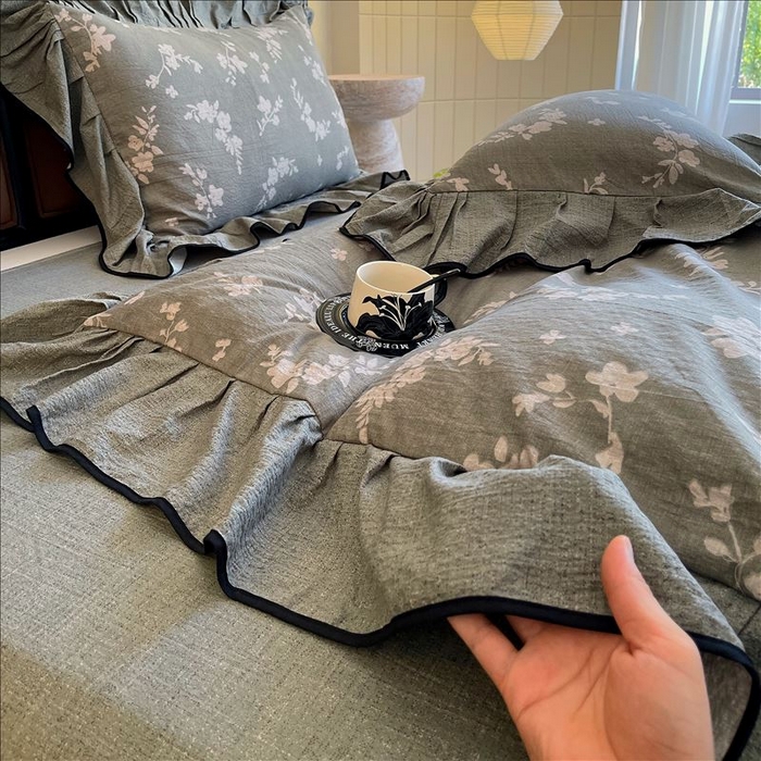 91家纺网 家纺一手货源 找家纺 丝芙妮家居（原乐视家纺） 2025新款A类原麻复合印花花边四件套 清水欢