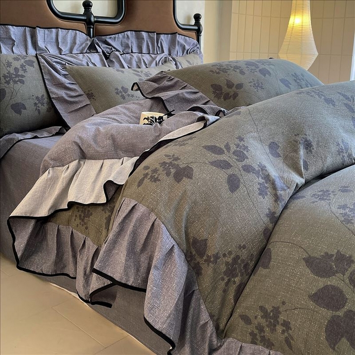 91家纺网 家纺一手货源 找家纺 丝芙妮家居（原乐视家纺） 2025新款A类原麻复合印花花边四件套 夜色未央