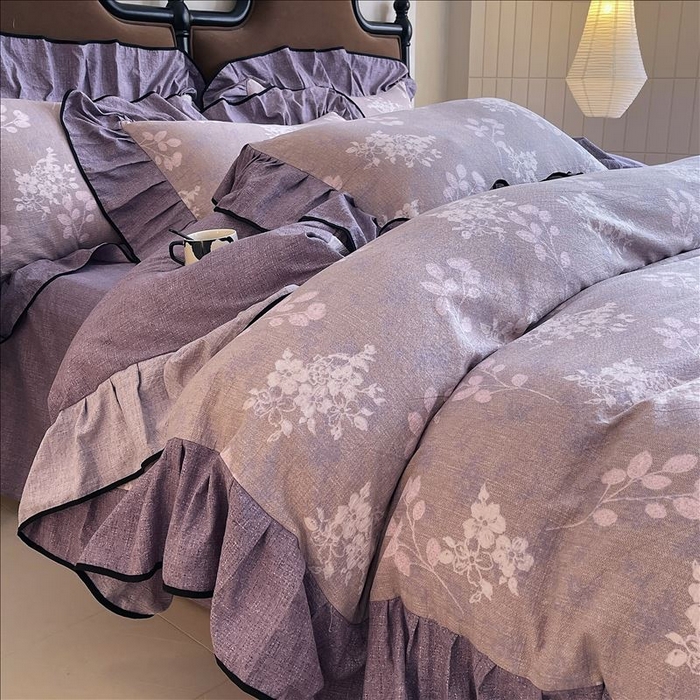 91家纺网 家纺一手货源 找家纺 丝芙妮家居（原乐视家纺） 2025新款A类原麻复合印花花边四件套 花畔呢喃