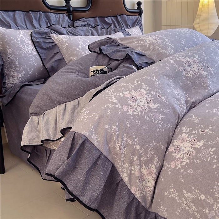 91家纺网 家纺一手货源 找家纺 丝芙妮家居（原乐视家纺） 2025新款A类原麻复合印花花边四件套 花屿梦